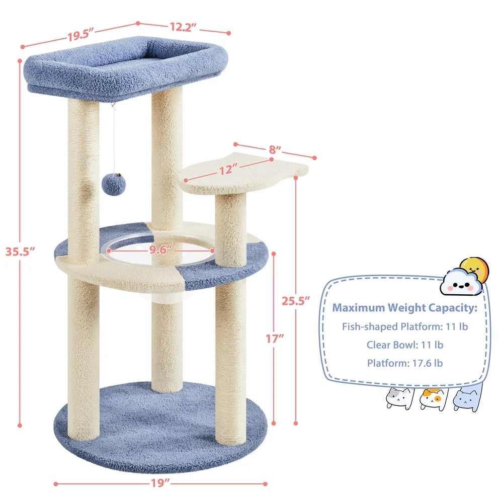 35.6″ Tall Ocean Cat Tree with Detachable Clear Bowl, Blue/Beige