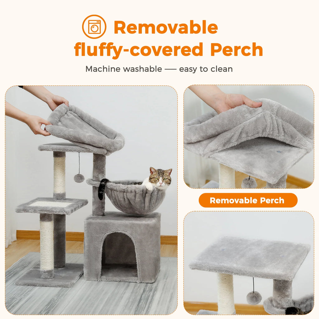 28" Small Cat Tree Tower Cat Condo with Perch Cat Scratching Post for Indoor Cats, Gray