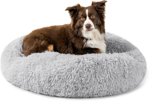 Calming Dog Bed for Small & Medium Dogs and Cats, 30 round Donut Dog Bed, Washable Fluffy Faux Fur Puppy & Cat Bed, Anti-Anxiety Plush Cuddler Pet Bed with Anti-Slip Bottom - Light Gray
