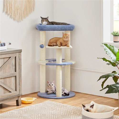 35.6″ Tall Ocean Cat Tree with Detachable Clear Bowl, Blue/Beige