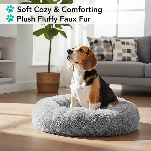 Calming Dog Bed for Small & Medium Dogs and Cats, 30 round Donut Dog Bed, Washable Fluffy Faux Fur Puppy & Cat Bed, Anti-Anxiety Plush Cuddler Pet Bed with Anti-Slip Bottom - Light Gray