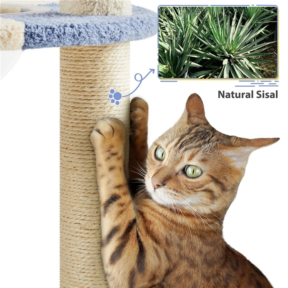 35.6″ Tall Ocean Cat Tree with Detachable Clear Bowl, Blue/Beige
