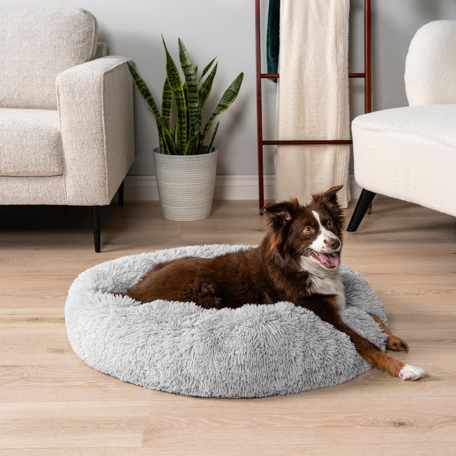 Calming Dog Bed for Small & Medium Dogs and Cats, 30 round Donut Dog Bed, Washable Fluffy Faux Fur Puppy & Cat Bed, Anti-Anxiety Plush Cuddler Pet Bed with Anti-Slip Bottom - Light Gray