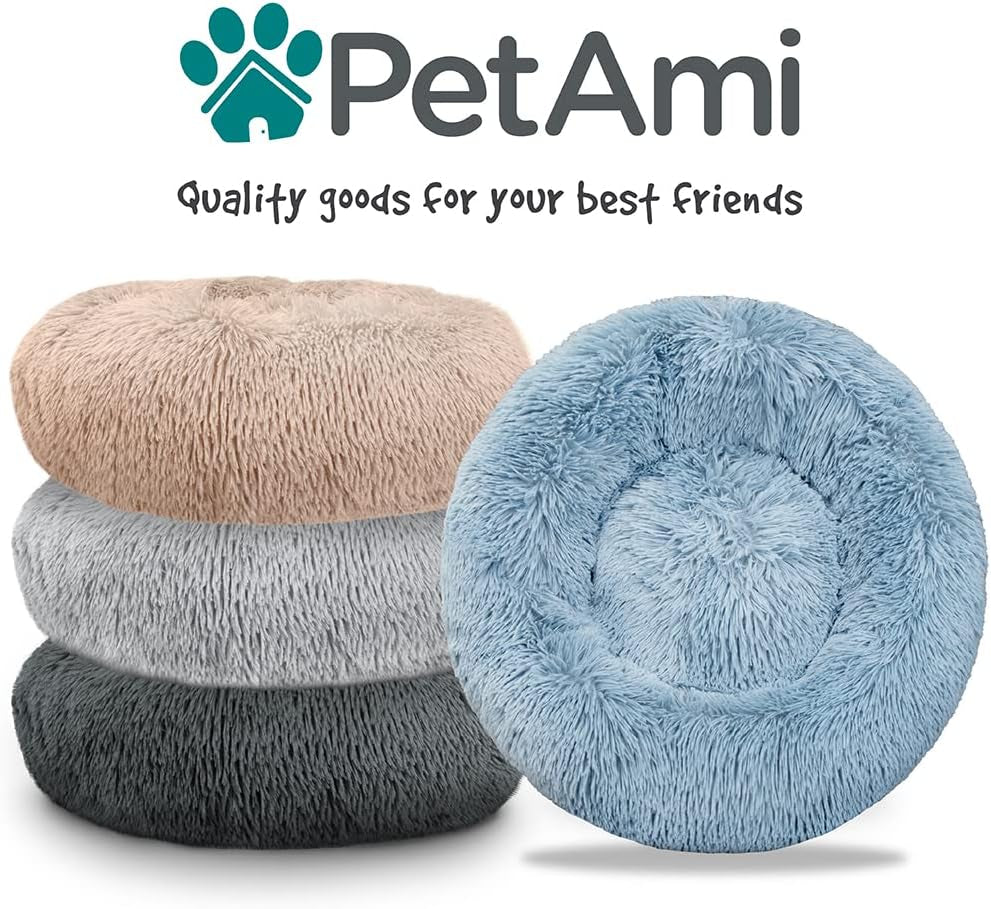 Calming Dog Bed for Small & Medium Dogs and Cats, 30 round Donut Dog Bed, Washable Fluffy Faux Fur Puppy & Cat Bed, Anti-Anxiety Plush Cuddler Pet Bed with Anti-Slip Bottom - Light Gray