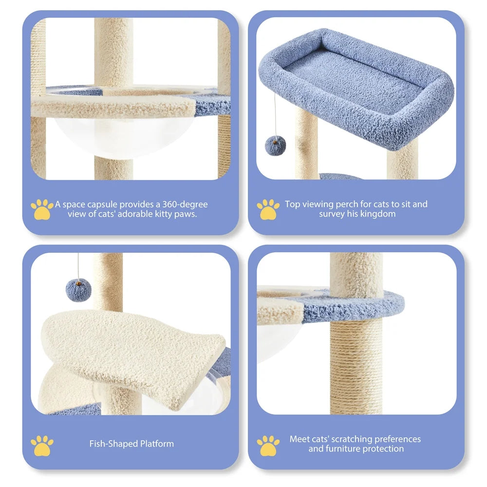 35.6″ Tall Ocean Cat Tree with Detachable Clear Bowl, Blue/Beige