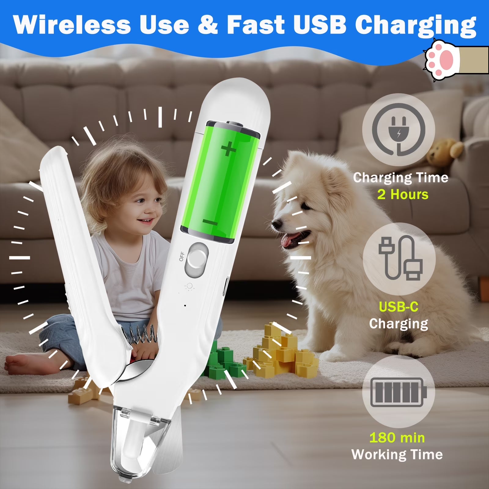 Electric Dog Cat Nail Clippers Trimmer with LED Light Durable Grinder for Large Medium Small Dogs Cats Pets, White
