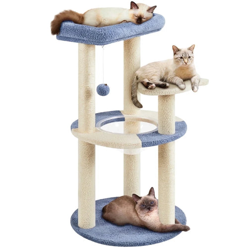 35.6″ Tall Ocean Cat Tree with Detachable Clear Bowl, Blue/Beige