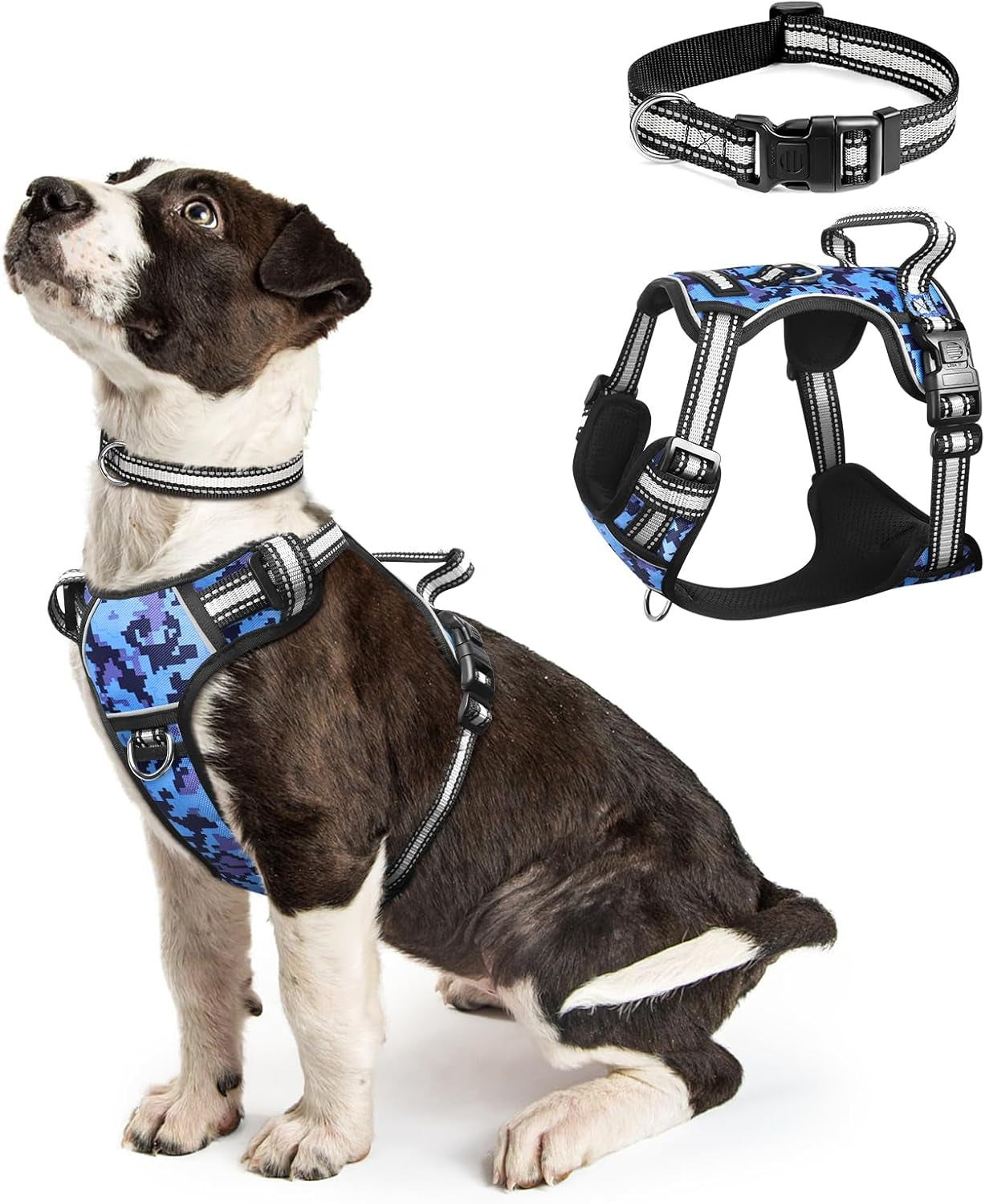 Dog Harness No Pull, Pet Harnesses with Dog Collar, Adjustable Reflective Oxford Outdoor Vest, Front/Back Leash Clips for Small, Medium, Large, Extra Large Dogs, Easy Control Handle for Walking