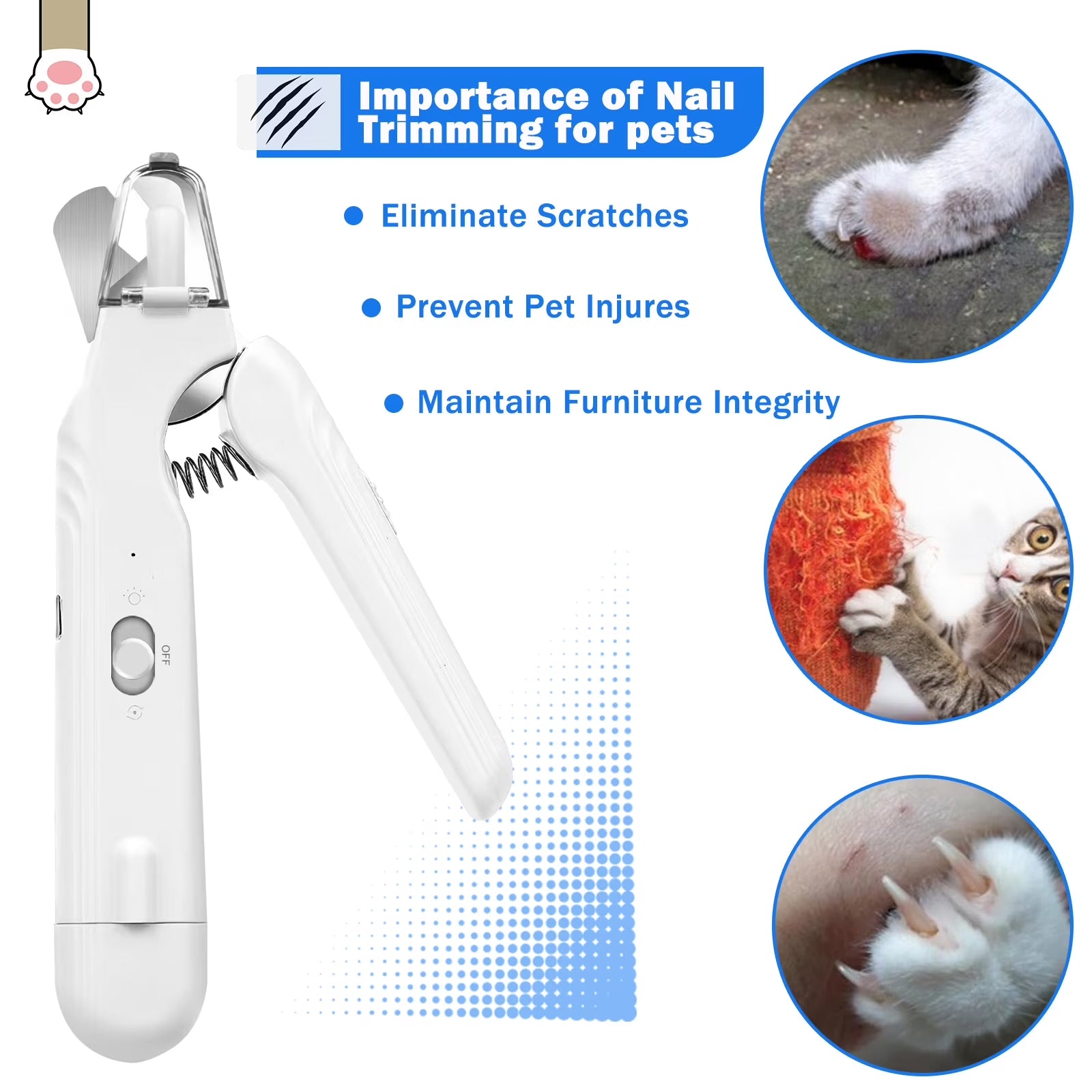 Electric Dog Cat Nail Clippers Trimmer with LED Light Durable Grinder for Large Medium Small Dogs Cats Pets, White
