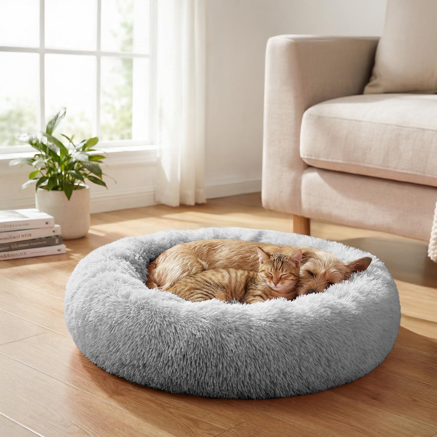 Calming Dog Bed for Small & Medium Dogs and Cats, 30 round Donut Dog Bed, Washable Fluffy Faux Fur Puppy & Cat Bed, Anti-Anxiety Plush Cuddler Pet Bed with Anti-Slip Bottom - Light Gray