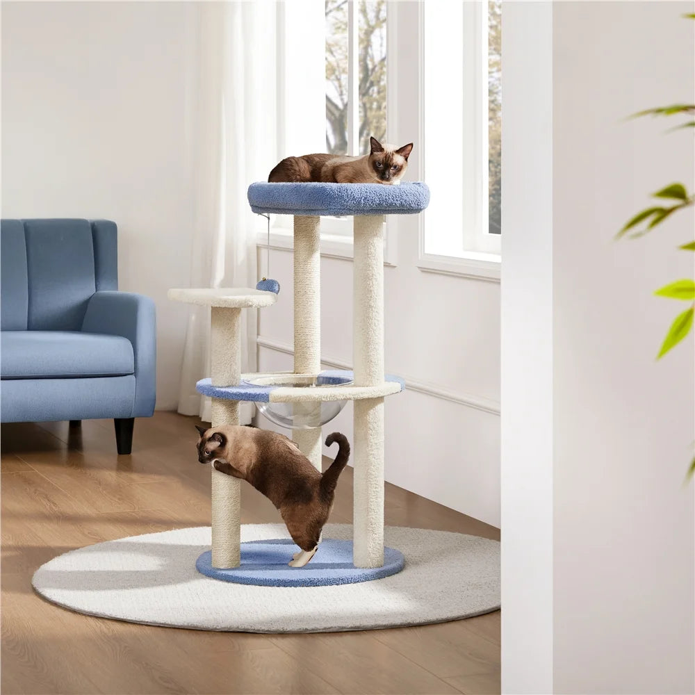 35.6″ Tall Ocean Cat Tree with Detachable Clear Bowl, Blue/Beige