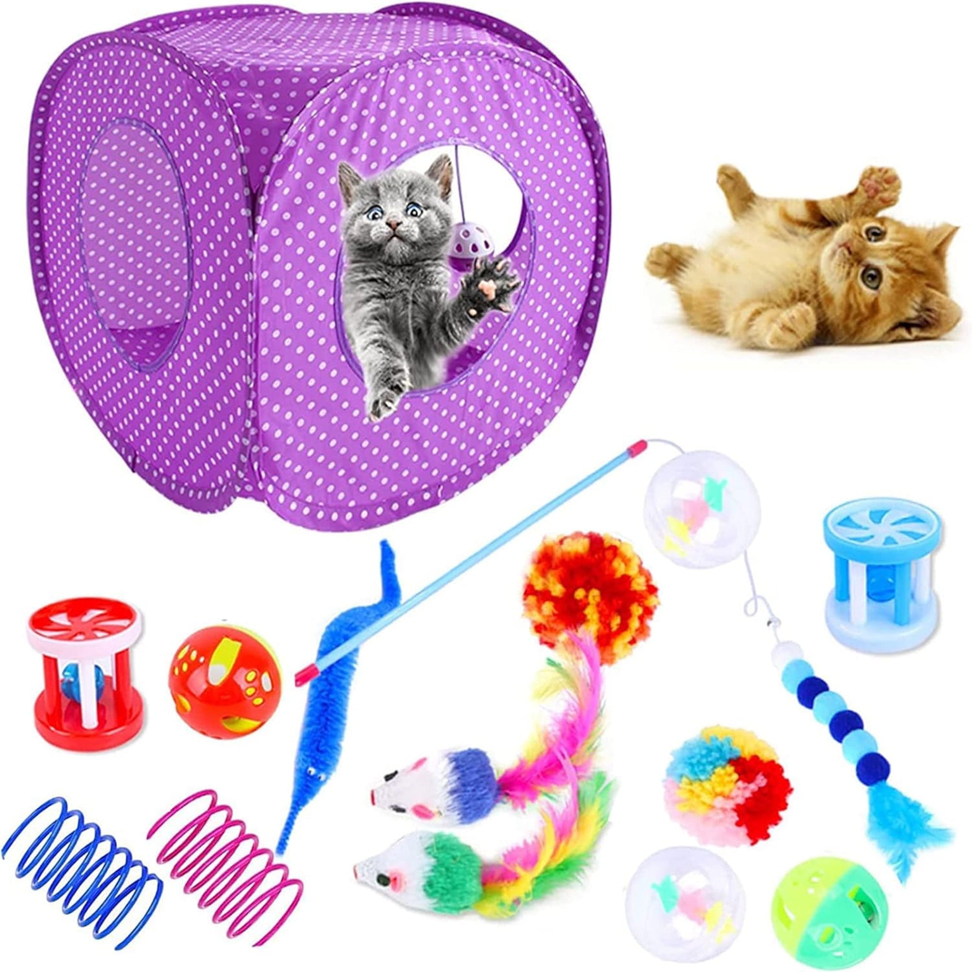 15PCS Cat Toys Kitten Toys Combination Tunnel Interactive Cat Toys Cat Tunnel Tease Cat Stick Colorful Mouse Plush Ball Bell Ball for Cats