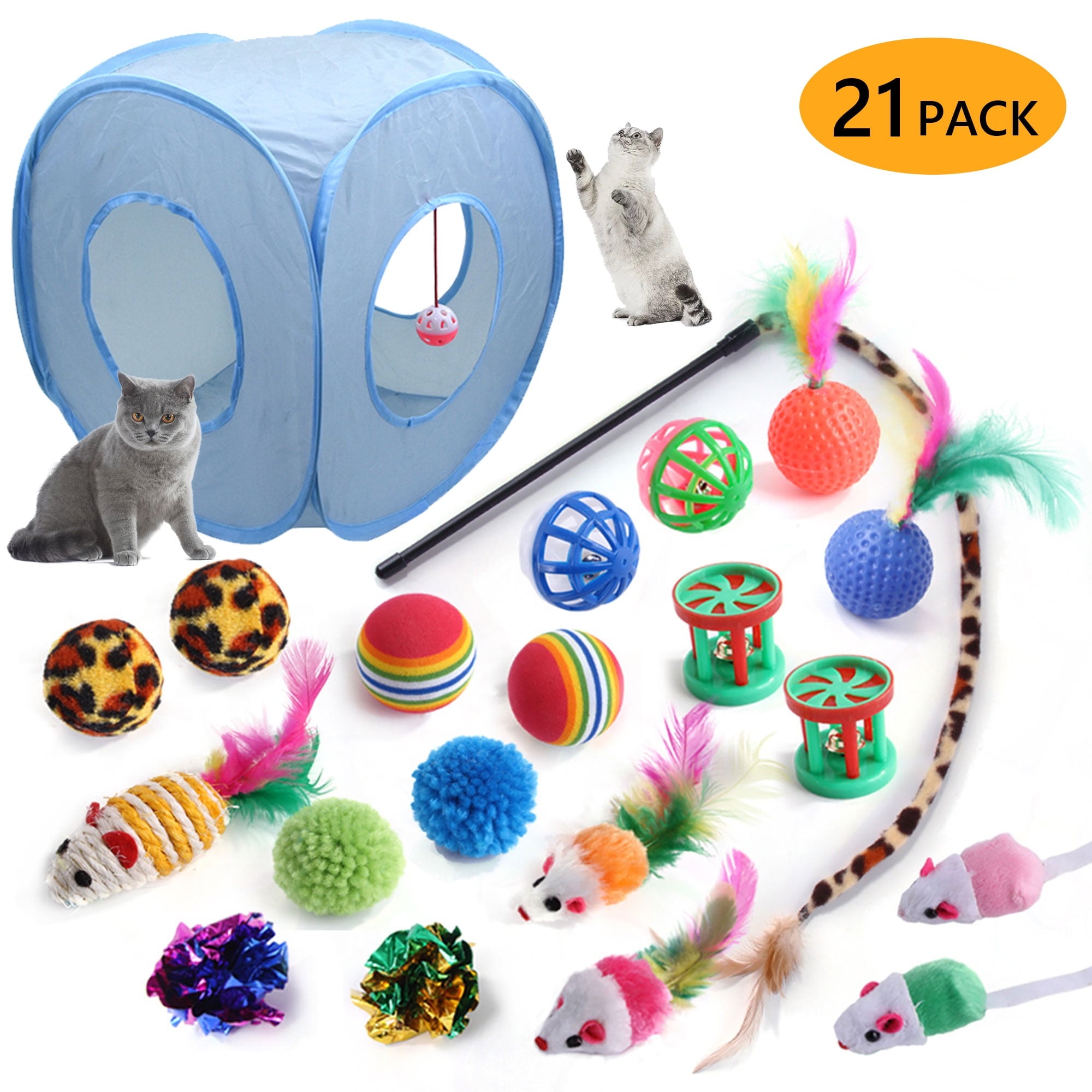 15PCS Cat Toys Kitten Toys Combination Tunnel Interactive Cat Toys Cat Tunnel Tease Cat Stick Colorful Mouse Plush Ball Bell Ball for Cats