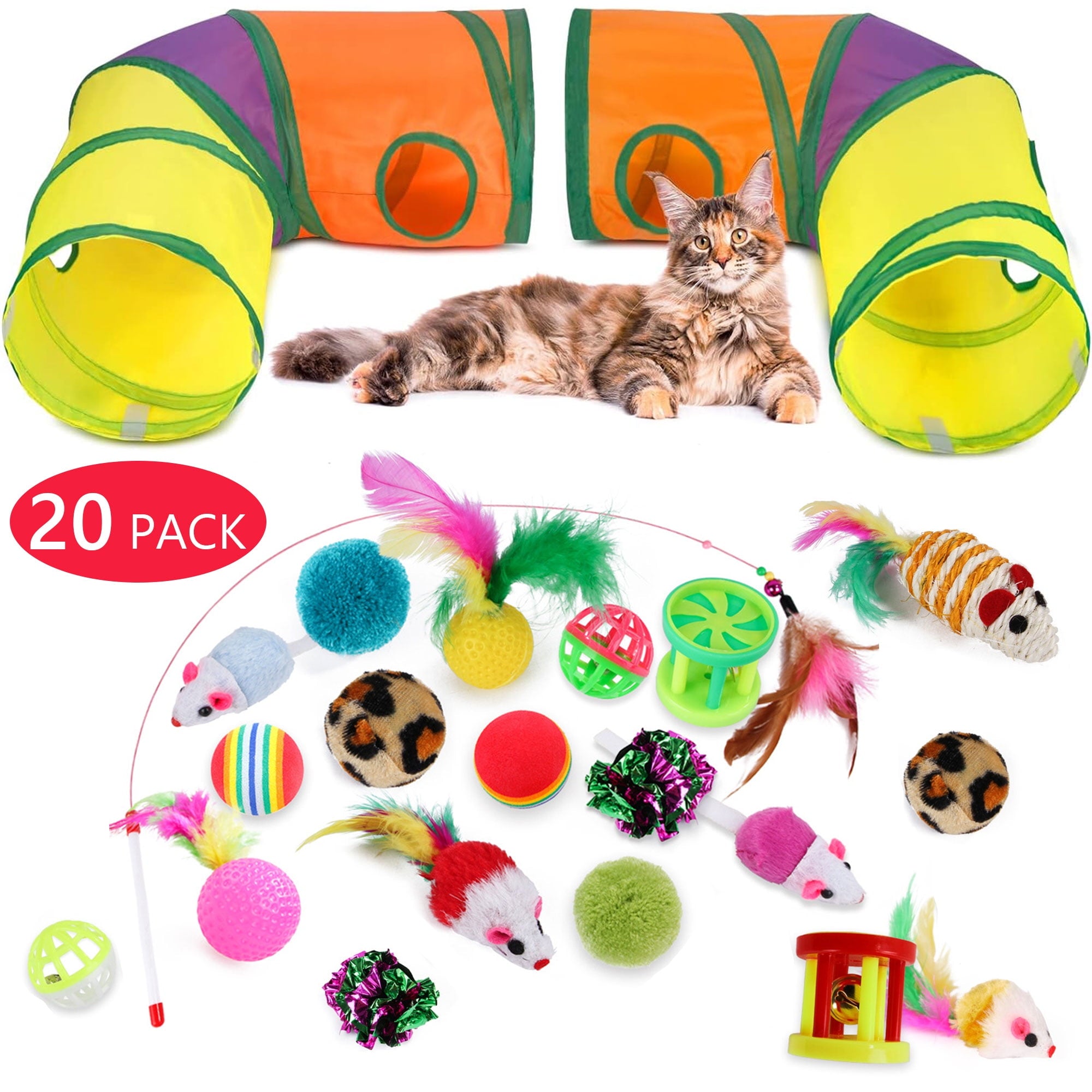 15PCS Cat Toys Kitten Toys Combination Tunnel Interactive Cat Toys Cat Tunnel Tease Cat Stick Colorful Mouse Plush Ball Bell Ball for Cats