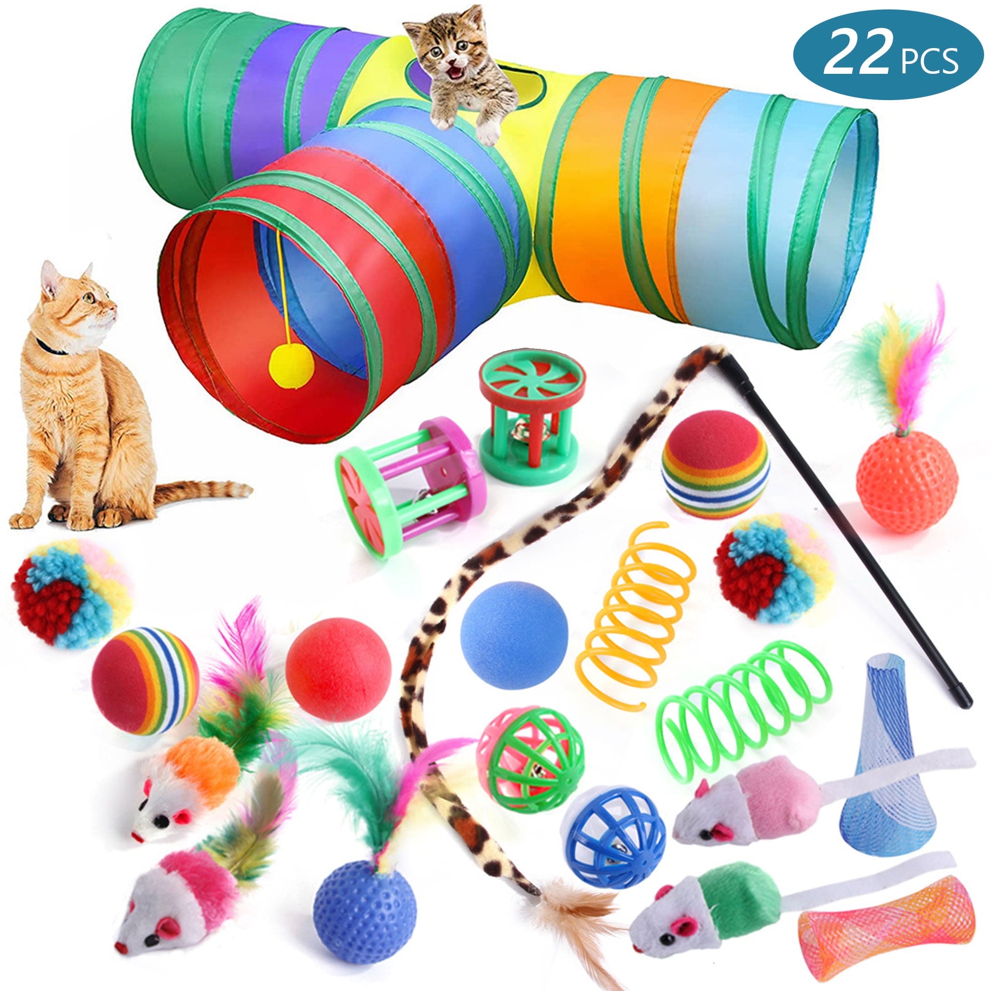 15PCS Cat Toys Kitten Toys Combination Tunnel Interactive Cat Toys Cat Tunnel Tease Cat Stick Colorful Mouse Plush Ball Bell Ball for Cats