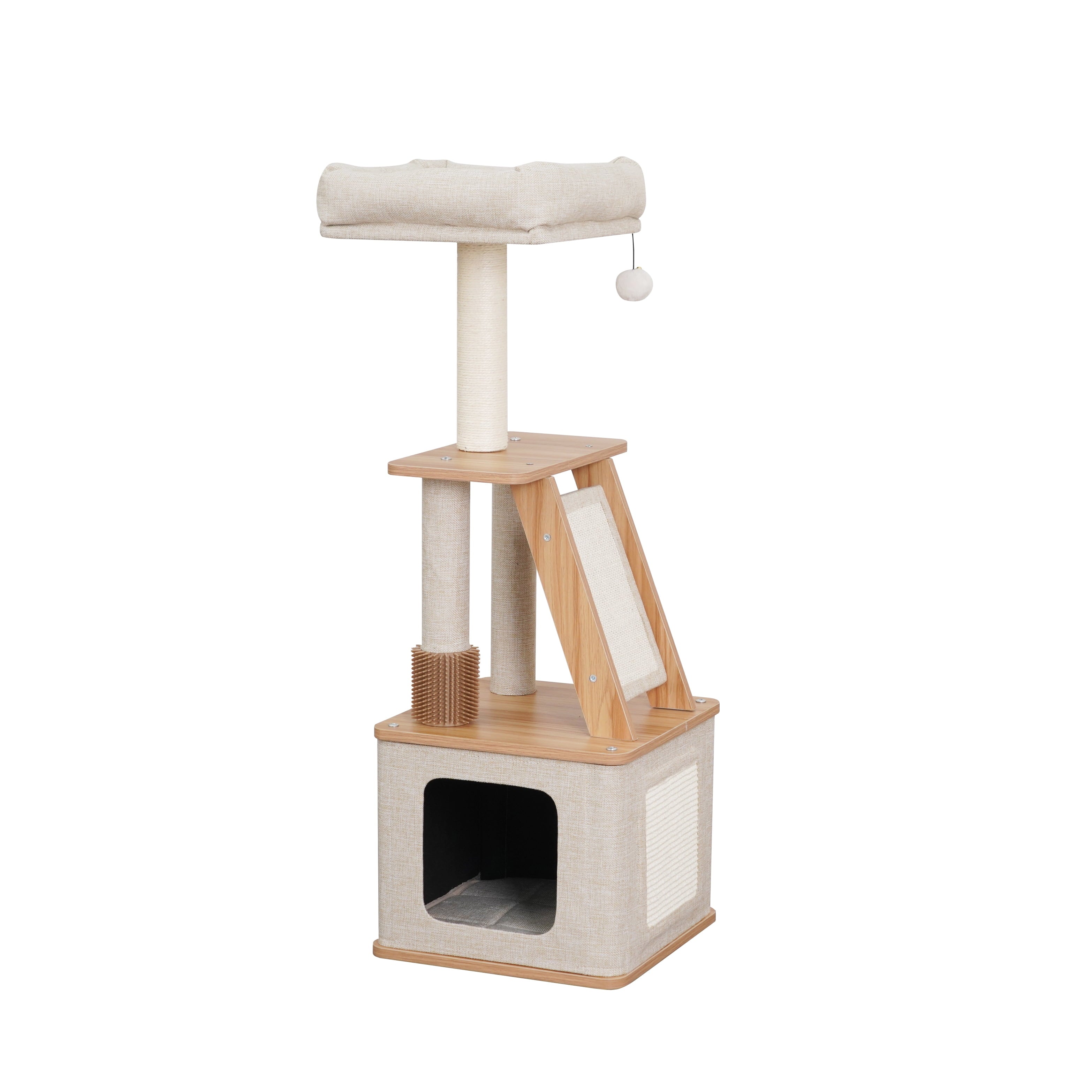 3-Level 30" Minimalist Cat Tree with Large Condo and Perch, 3 Toys, Beige