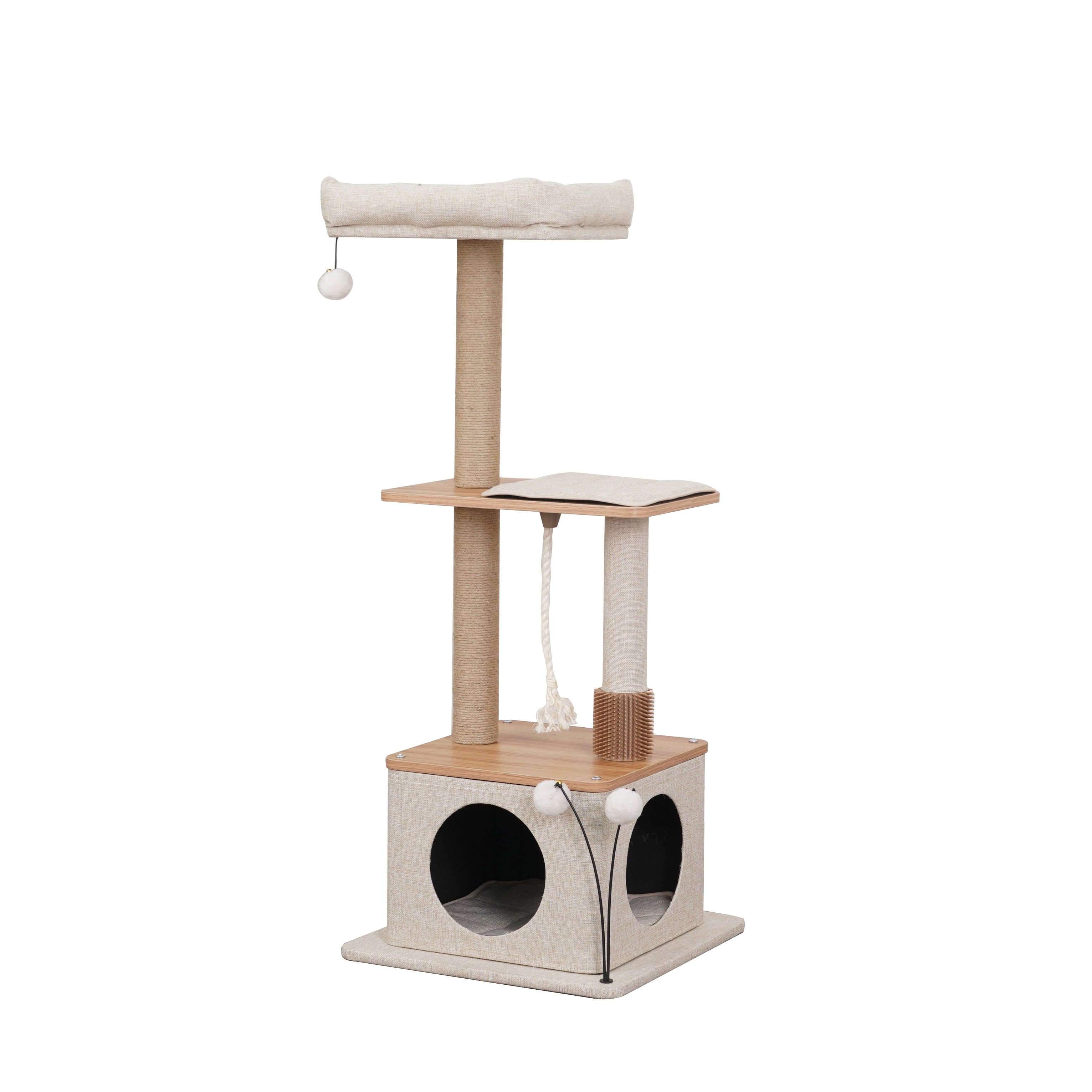 3-Level 30" Minimalist Cat Tree with Large Condo and Perch, 3 Toys, Beige