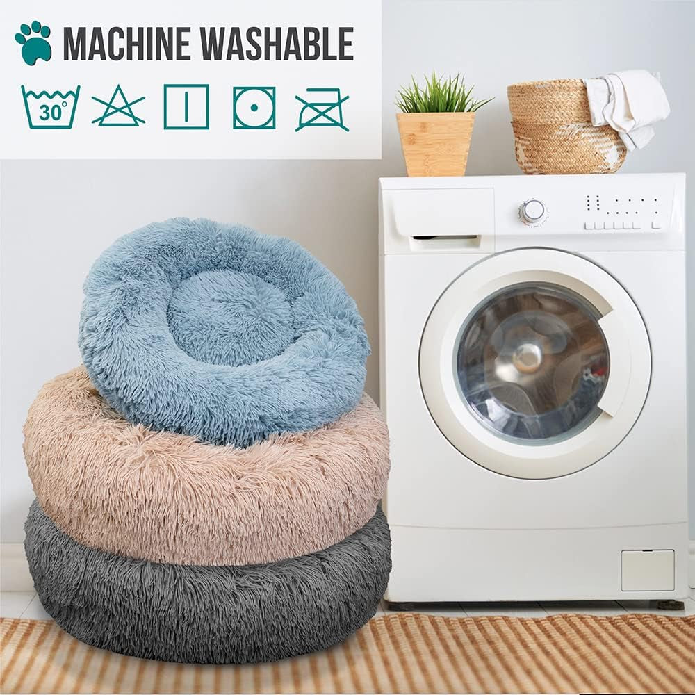 Calming Dog Bed for Small & Medium Dogs and Cats, 30 round Donut Dog Bed, Washable Fluffy Faux Fur Puppy & Cat Bed, Anti-Anxiety Plush Cuddler Pet Bed with Anti-Slip Bottom - Light Gray