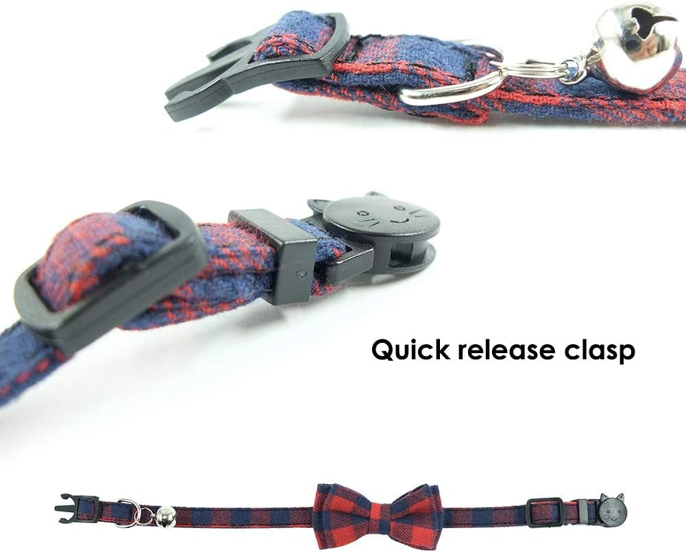 Cat Collar Breakaway with Bell and Bow Tie, Plaid Design Adjustable Safety Kitty Kitten Collars(6.8-10.8In) (Red Plaid 2)