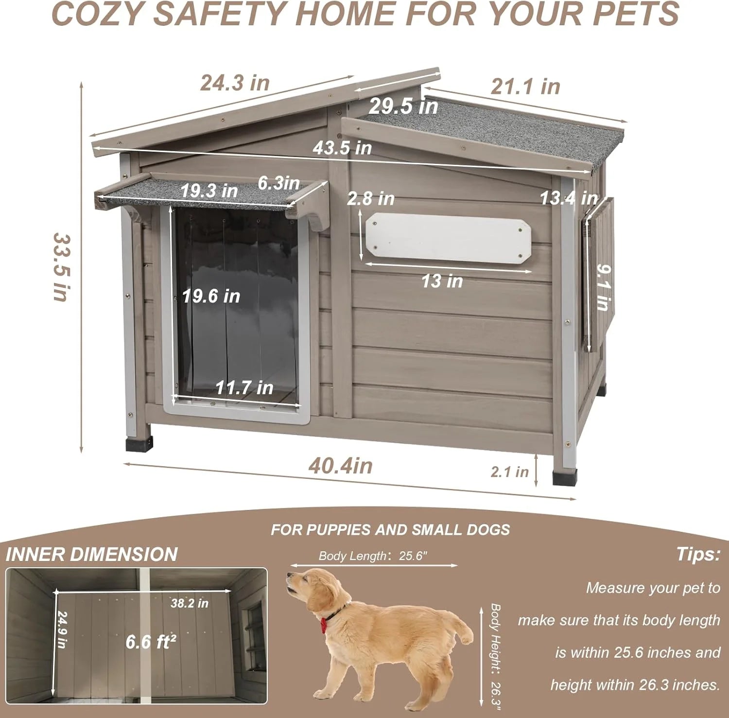 Wooden Dog House with Window & PVC Curtain, Split-Level Asphalt Roof, Gray