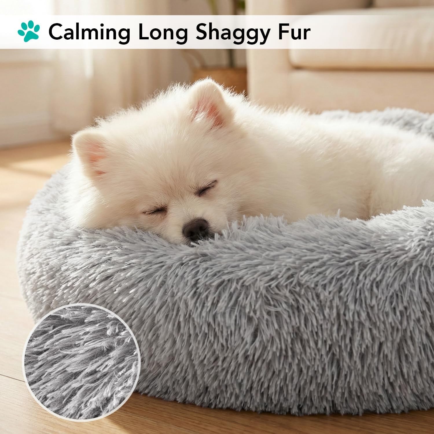 Calming Dog Bed for Small & Medium Dogs and Cats, 30 round Donut Dog Bed, Washable Fluffy Faux Fur Puppy & Cat Bed, Anti-Anxiety Plush Cuddler Pet Bed with Anti-Slip Bottom - Light Gray