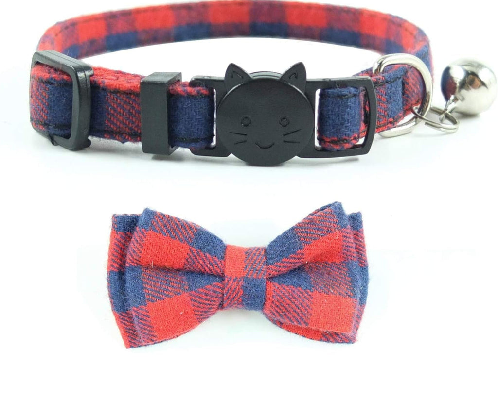 Cat Collar Breakaway with Bell and Bow Tie, Plaid Design Adjustable Safety Kitty Kitten Collars(6.8-10.8In) (Red Plaid 2)
