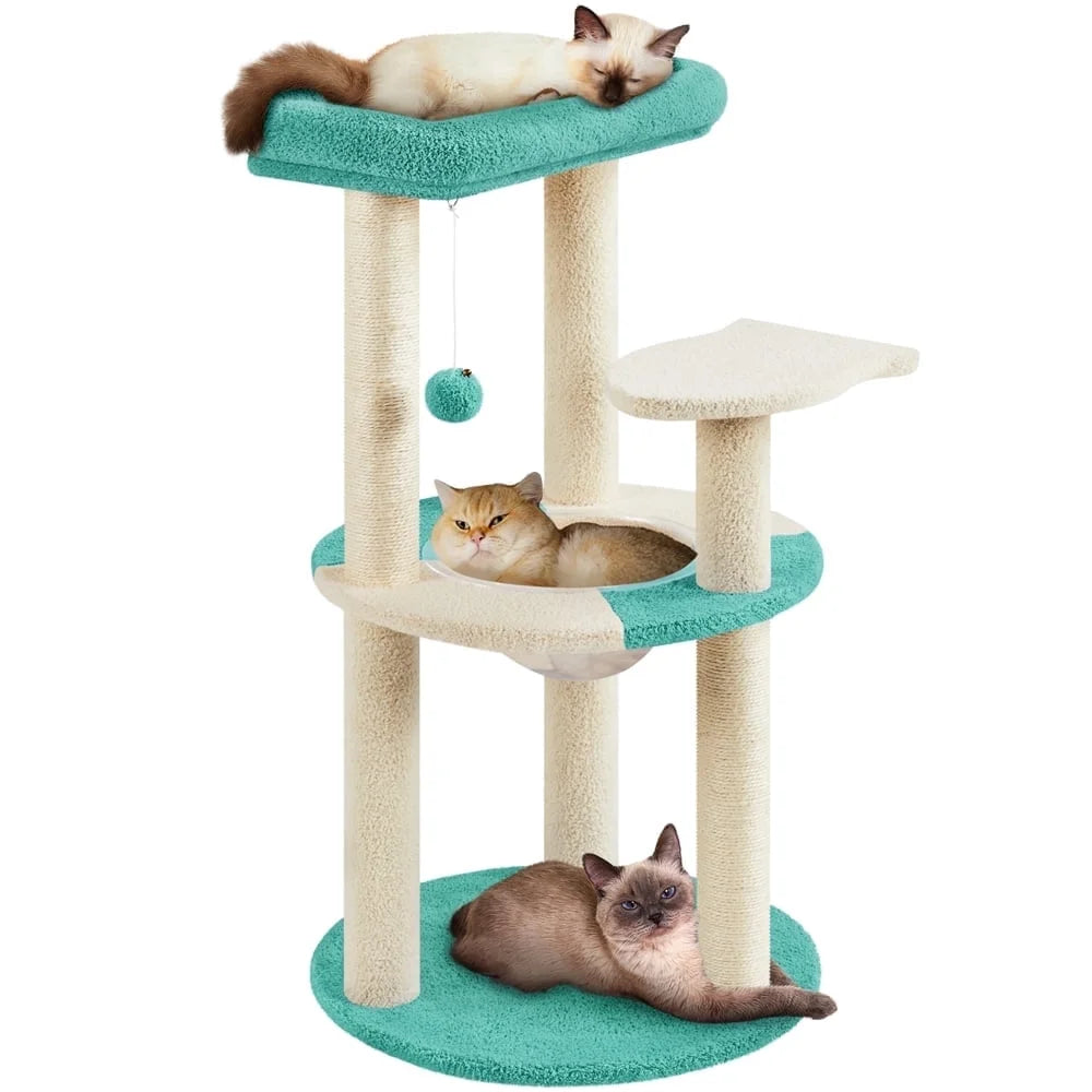35.6″ Tall Ocean Cat Tree with Detachable Clear Bowl, Blue/Beige