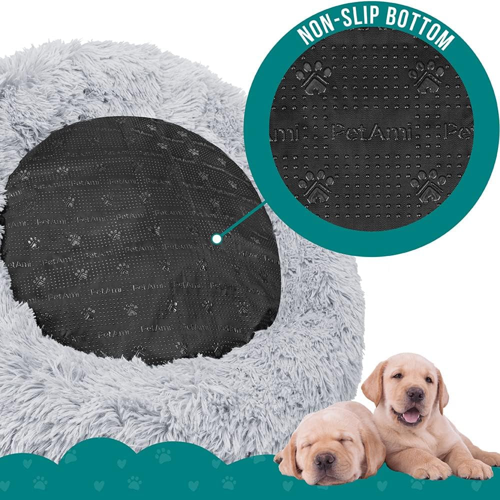 Calming Dog Bed for Small & Medium Dogs and Cats, 30 round Donut Dog Bed, Washable Fluffy Faux Fur Puppy & Cat Bed, Anti-Anxiety Plush Cuddler Pet Bed with Anti-Slip Bottom - Light Gray